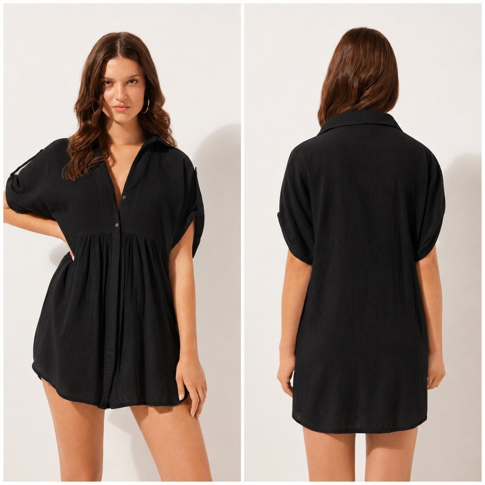 Calzedonia NWT Beach Black 100% Cotton Shirt Dress Cover Up M-L 0BDA154